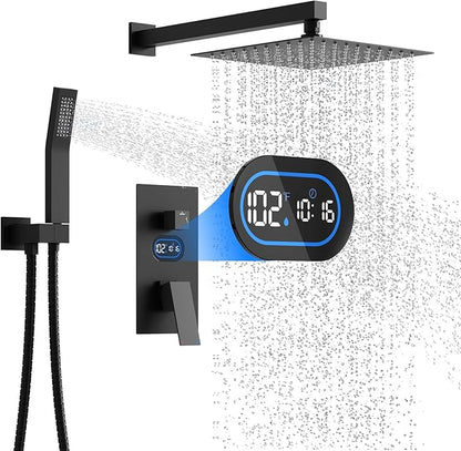 Shower Faucet Set with Hydro Power Temperature Display, Shower System Bathroom 12 Inches Shower Head with Handheld Spray, Wall Mounted Shower Fixtures with Shower Valve and Trim Kit, Matte Black