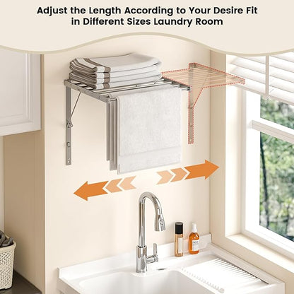 Wall Mounted Laundry Drying Rack, 29.92 inch Retractable Clothes Drying Rack, Foldable Laundry Rack Indoor with 6 Smooth Round Stainless Steel Rods, Space Saving for Laundry Room, Bathroom, Apartments