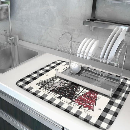 Merry Christmas Tree Dish Drying Mat for Kitchen Counter 18x24 Inch Black Red Grey Xmas Plaid Print Absorbent Reversible Microfiber Drying Mats Kitchen Countertop Protector Dishes Drainer Rack Pad