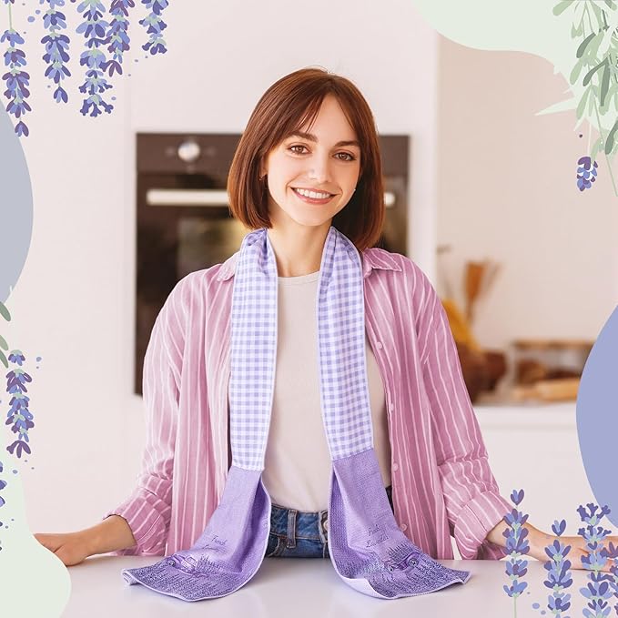 4 Pack Lavender Kitchen Scarf Boa Dish Towel Decor 4 x 68 Inch for Holiday Cooking Baking Accessories Plaid Cotton