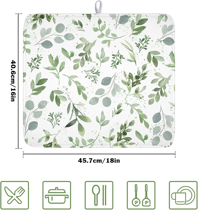 Spring Summer Sage Green Leaves Dish Drying Mat 16 x 18 Inch Spring Eucalyptus Leaf Dish Drainer Rack Mat Absorbent Microfiber for Holiday Kitchen Coffee Dining Bar Decor