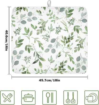 Spring Summer Sage Green Leaves Dish Drying Mat 16 x 18 Inch Spring Eucalyptus Leaf Dish Drainer Rack Mat Absorbent Microfiber for Holiday Kitchen Coffee Dining Bar Decor