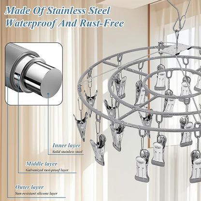3 Pack Stainless Steel Foldable Round Hanging Drying Rack with 24 Clips, Swivel Hook Wind-Proof Clothes Hanger, Clothes Drying Rack for Laundry, Sock, Bras, Underwear, Laundry Accessories