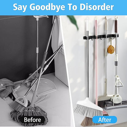 Huryfox Mop and Broom Holder Wall Mounted - Sturdy Stainless Steel Rack with Utility Hooks, 4 Racks, 3 Hooks Adjustable Design and Multiple Storage Organiser Options, Perfect for Kitchen, Laundry
