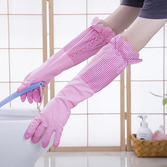 RARITYUS Household Kitchen Cleaning Gloves Waterproof Cotton Lined Dishwashing Non-Slip Long Cuff Gloves