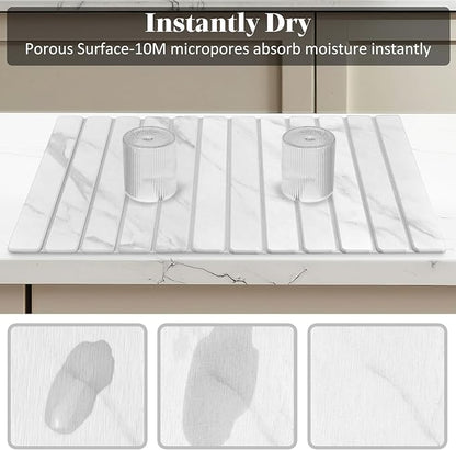 Large Stone Dish Drying Mats for Kitchen Counter, 28"(L)×16"(W) Marble-Pattern, Collapsible Quick Drying Dish Mats, Ultra Absorbent Diatomaceous Earth Mats for Dishes , Match Any Countertop