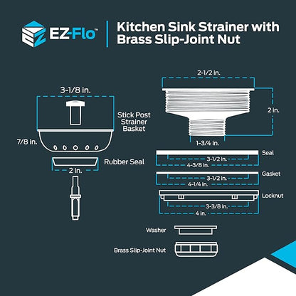 EZ-FLO Kitchen Sink Strainer Fits 3-1/2 Inch Opening, Sink Drain Assembly with Brass Slip-Joint Nut and Fixed-Post Basket, Stainless Steel, 30003