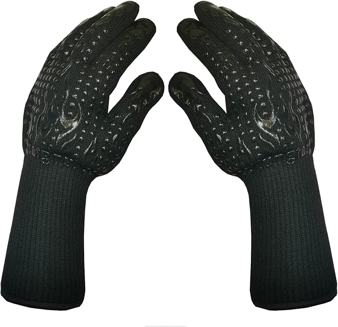 Mitts Oven Gloves with Fingers BBQ Heat Resistant Gloves Oven Gloves 1472℉ 14Inch Cut Resistant Cooking Grill Gloves Silicone Non-Slip Cooking Gloves for Grilling/Baking for Gift (Large, Black)
