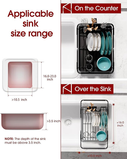 Sakugi Dish Drying Rack in Sink - Expandable Stainless Steel Dish Rack Over The Sink, Kitchen Sink Drain Strainer with Cutlery Holder & Cup Holders, 15.2 x 10.0 x 4.2 Inch, Black