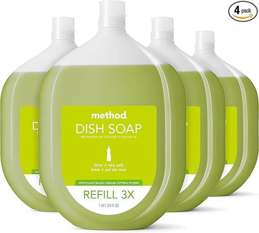 Method Gel Dish Soap Refill, Lime + Sea Salt Scent, Powerful Cleaning Formula, Large Refill Tub, Cuts Through Grease, 54 Fl Oz (Pack of 4)