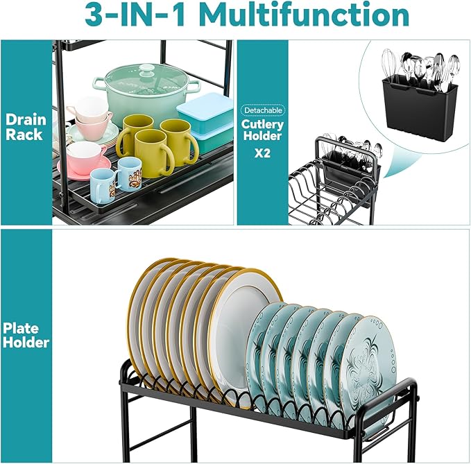 Simple Trending Dish Drying Rack, 2-Tier Dish Rack for Kitchen Counter, Large Dish Drainers Sink Organizers and Storage, Black