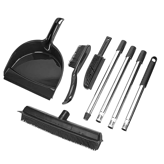 OVENTE Carpet Rake Rubber Broom for Pet Hair Removal with Squeegee, Detailing Lint Fur Remover Brush, Dustpan and 50” Handle, Cleaning Tools Set for Rug, Hardwood Floor, Tile and Window, Grey CT2504GY