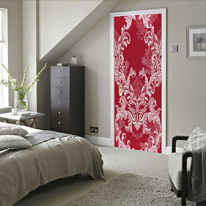 A.Monamour 3D Door Stickers for Interior Doors Damask Pattern of Flowers and Leaves in Red Color Vinyl Waterproof Self Adhesive Door Mural Decals for Bedroom Office Bathroom 77x200cm