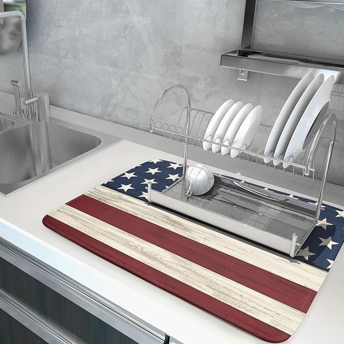 4th of July Patriotic Independence Dish Drying Mat For Kitchen CounterRustic Stripes America Flag Stars Microfiber Absorbent Drying Mats Reversible Kitchen Countertop Drainer Pad 18x24 Inch