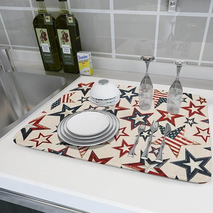 Flag Stars Stripes Patriotic 4th of July Dish Drying Pad 18 x 24 Inch With Absorbent Reversible MicrofiberAmerican Memorial Day Drying Mats Dish Drainer Mat Fast Dry For Kitchen Dining Room