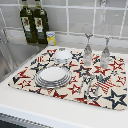 Flag Stars Stripes Patriotic 4th of July Dish Drying Pad 18 x 24 Inch With Absorbent Reversible MicrofiberAmerican Memorial Day Drying Mats Dish Drainer Mat Fast Dry For Kitchen Dining Room