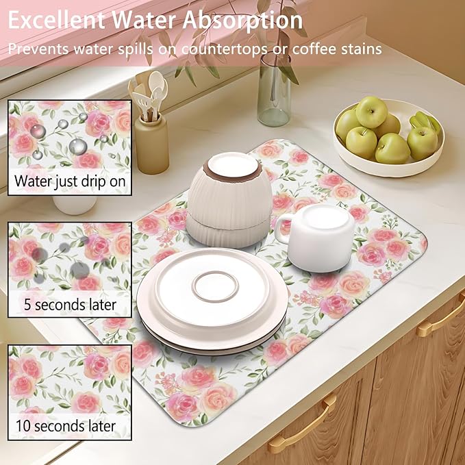 Dish Drying Mat for Kitchen Counter 2 Pack with Non-Slip Rubber Backing - Heat-Resistant Absorbent Coffee Bar Mat, Dish Rack Mat, Pink Flowers Dish Drying Mats 18x24+19.5x12 inch