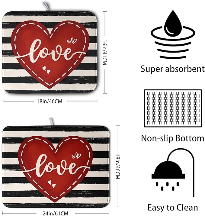 Valentine's Day Dish Drying Mat for Kitchen Counter 16x18 Black White Stripes Red Love Heart Dishes Drainer Mats Absorbent Dish Pad Large Dish Draining Mat for Coffee Bar