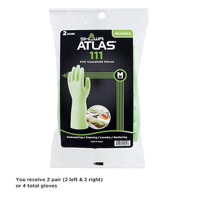 SHOWA 111 Skin-Friendly Dishwashing Gloves, Latex-Free PVC, Reusable Housekeeping Gloves with Cotton Liner, Non-Slip Grip for Kitchen & Gardening, Made in Japan, Medium, 2-Pairs