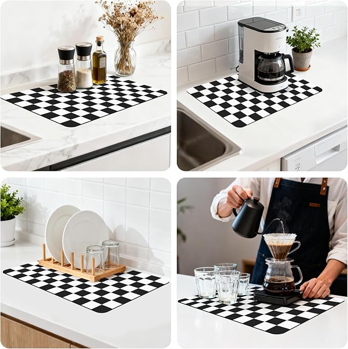 12" x 20" Checkered Dish Drying Mat for Kitchen Counter, Absorbent Coffee Bar Mat for Espresso Machine Coffee Countertops Accessories (Black)