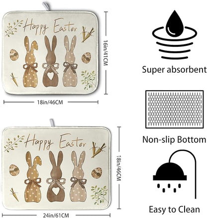 Happy Easter Bunny Dish Drying Mat Rabbits Egg Carrot Dish Pad for Kitchen Counter 18x24 Inch Microfiber Absorbent Spring Bufflao Plaid Dish Draining Mat Reusable Washable Dish Drainer Rack Mat