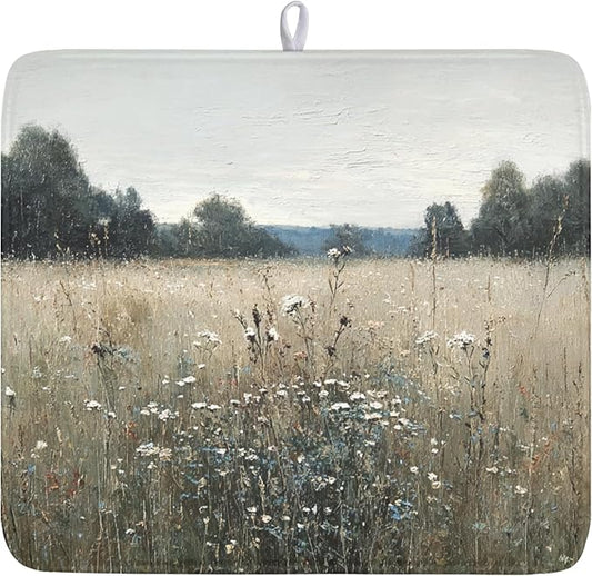 Oil Painting Drying Mat 18x16 Inch, Wildflowers Drying Mat with Absorbent Reversible Microfiber, Countryside Aesthetic Dish Drainer Mats Summer Rack Pad for Coffee Countertop Kitchen Protector