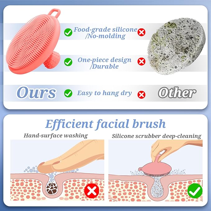 Silicone Back/Face Scrubber & Soft Bath Glove 3PCS, 16''- 24'' Extendable Shower Back Scrubber, 360° Anti-Slip & Hand-fit Silicone Bath Glove, Manual Face Brush for All-Round Cleaning(Pink)