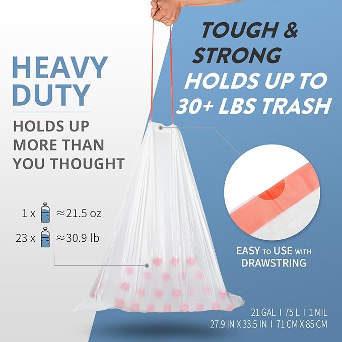 21 Gallon Kitchen Trash Bags with Drawstring Fit 20-21 Gal, Large Garbage Bags - 28" x 33.5" (Clear White), Heavy Duty Plastic Trash Liners for Kitchen Lawn Yard Office Commercial (105 Count)