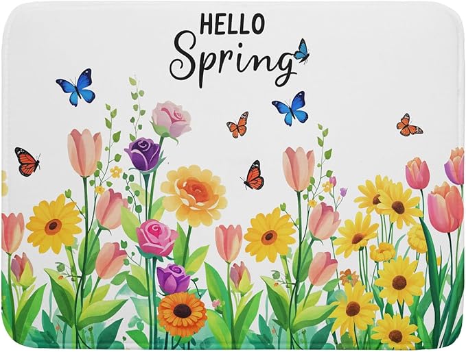 Hello Spring Flowers Green Dish Drying Mat 18 x 24 Inch With Absorbent Reversible Microfiber Butterfly Floral Spring Summer Drying Mats Fast Dry Pad Draining Mat For Kitchen Countertop