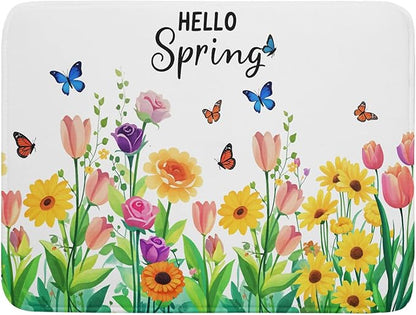 Hello Spring Flowers Green Dish Drying Mat 18 x 24 Inch With Absorbent Reversible Microfiber Butterfly Floral Spring Summer Drying Mats Fast Dry Pad Draining Mat For Kitchen Countertop