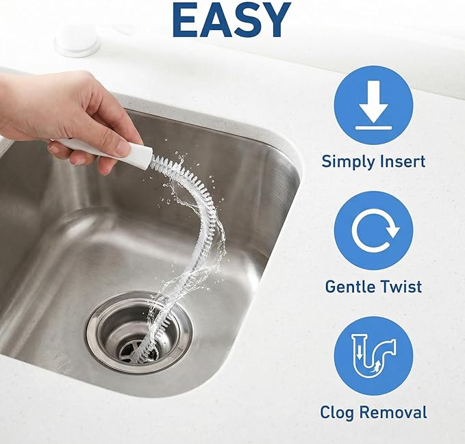 4 Pcs Drain Cleaner Brush,17.71 Inch Flexible Bendable Spiral Hair Cleaning Sink Tool Clog Remover with Nylon Bristles for Sink Overflow Tube, Kitchen, Pipes, Dishwasher, Drains (White)