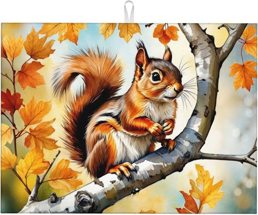 Squirrel on Tree Dish Drying Mats for Kitchen Counter, Absorbent Reversible Microfiber Dish Drying Pad, Multi-Use Large Drying Mat Coffee Bar Accessories 18"x24"