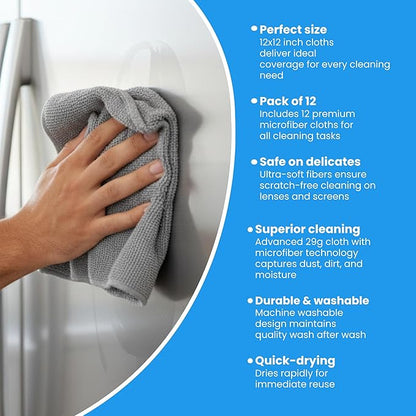 Microfiber Cleaning Cloth Grey 12 Pack Premium Microfiber Towels for Cars, Lint Free, Scratch-Free, Highly Absorbent, Reusable Cleaning Rags for Car, 320 GSM Household, Kitchen, Window, 12" x 12"