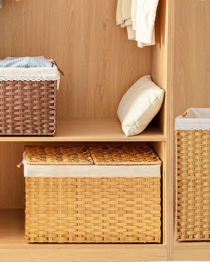 Storage Basket with Lid Wicker Baskets for Storage with 2 Separate Lid 42.3 Gallon (160 L) 29.9 x 17.3 x 18.1 Inches Rattan Woven Large Wicker Basket with 2 Liners for Bedroom Laundry Natural