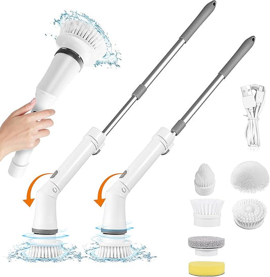 Moclever Electric Spin Scrubber – Cordless, Rechargeable, 400RPM Powerful Cleaning Brush with 6 Replaceable Heads, 2-Speed Adjustment & Extendable Handle for Bathroom, Tile, and Grout