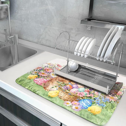 Easter Rabbit Eggs Dish Drying Mat for Kitchen Counter 18x24 Inch Spring Flowers Large Microfiber Dish Drainer Rack Mats