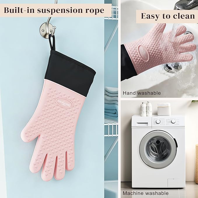 PrettyCare 14 in Silicone Oven Mitts for Women, Heat Resistant Waterproof Oven Gloves with Fingers, Cotton Lined Silicone Oven Gloves for Baking Cooking BBQ,Kitchen Essentials Gift for Women (Pink)