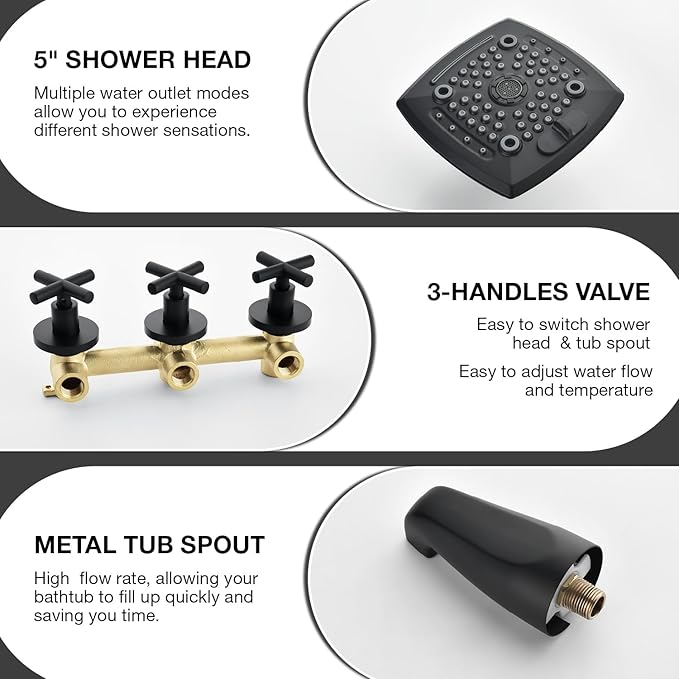 3 Handle Shower Faucet Set with Tub Spout 6-Spray Shower Head and Handle Set Shower Trim Kit with Rough-in Valve Bathroom Shower Faucet Valve Trim Kit Shower System Matte Black