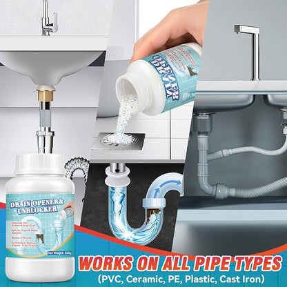Drain Clog Remover, Crystal Lye Drain Opener, Hair Drains Clog Remover Unclog Bathroom and Kitchen Sinks, Drains, Shower Pipes, Removes Hair, Soap Scum, Blockages, 260g