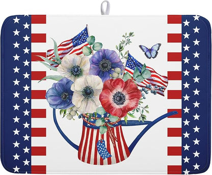 Patriotic American Flag Dish Drying Mat 18x24 Inch Spring Summer Flower 4th of July Memorial Kitchen Mats Vintage Absorbent Dishes Pad for Kitchen Counter Memorial Home Decorations for Countertops