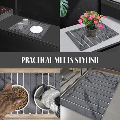 Stone Dish Drying Mats for Kitchen Counter, 24"(L)×16"(W) Marble-Pattern Dish Drying Mat, Eco-Friendly Absorbent Diatomaceous Earth Mats for Dishes Bottles Cups, Match Any Countertop【 Dark Grey】