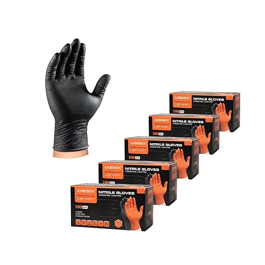 10mil Nitrile-Gloves Disposable-Black Chemical-Resistant Rubber - Mechanic Gloves Heavy Duty, Latex Free, Diamond Grip (500, Large)