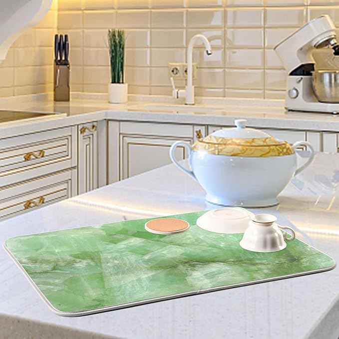 Super Absorbent Dish Drying Mat, Microfiber Fast-Drying Dish Mat, 16" x 18", Kitchen Dish Drying Pad, Green Jade Stone Marble