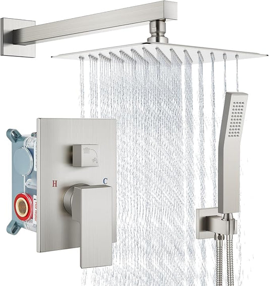 Aolemi Shower Faucet Set Rain Shower System with Handheld Spray Bathroom Shower Combo Rough-in Valve and Shower Trim Kit Included Brushed Nickel 8 Inch Wall Mount Shower Head
