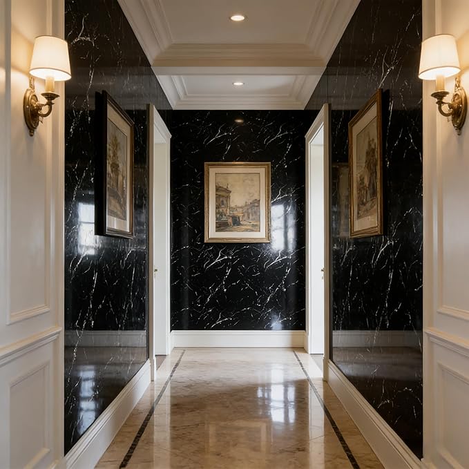 Black Statuario Marble Peel and Stick Wallpaper, Glossy Texture Vinyl Wall Panels, Waterproof Renter Friendly, 23.6" x 118", TV Accent Wall, Bathroom, Foyer, Coffee Shop Decor