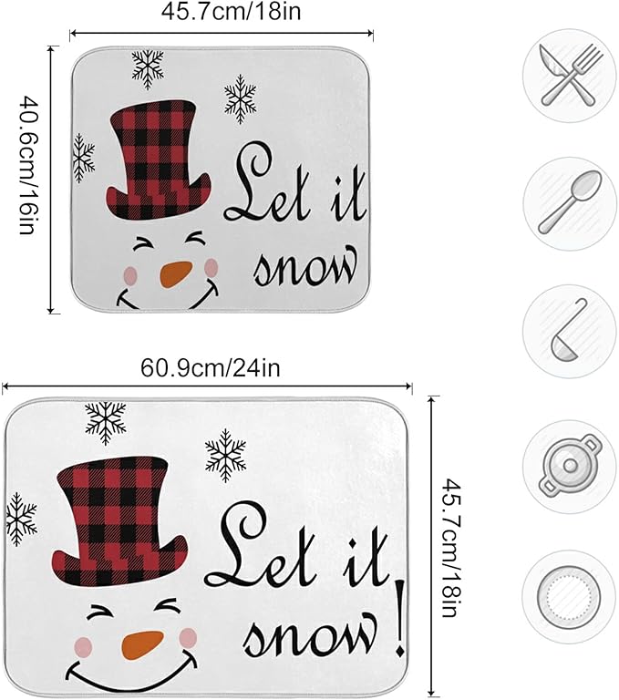 Super Absorbent Dish Drying Mat, Microfiber Fast-Drying Dish Mat, 16" x 18", Kitchen Dish Drying Pad, Watercolor Cute Christmas Winter Snowman
