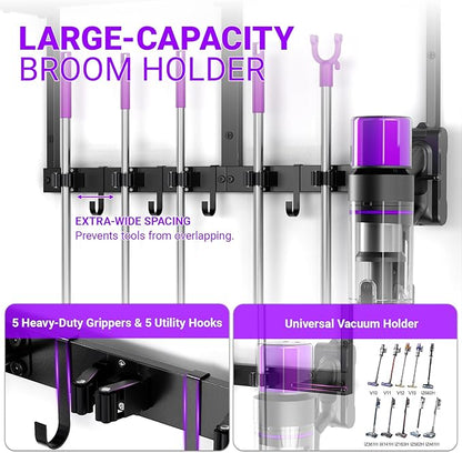 Heavy Duty Broom Holder Wall Mount with Cleaning Supplies Organizer, Space-Saving Laundry Room Organization and Storage Shelves, All-Metal Mop Hanger Broom Rack with Hooks, Garage Organizer Shelf
