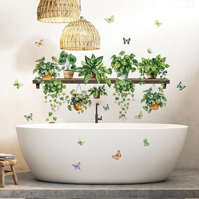2 Sheets Potted Green Plants Wall Stickers & Murals Peel and Stick Removable Wall Decals Living Room Vinyl 3D Wall Stickers for Bedroom Bathroom Cabinet Vine Wall Clings Decor with Butterflies