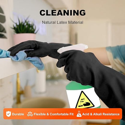 North Tower Heavy Duty Black Rubber Gloves for Cleaning - Non-Slip Grip Palm, Thick Household Gloves for Women, Kitchen Dishwashing, Car Washing, Mechanical Maintenance(M-3 Pair)