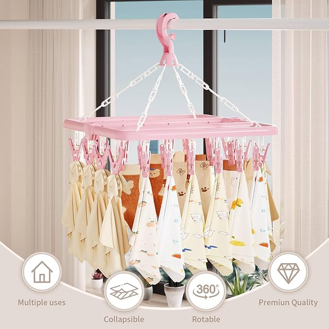 Clothes Drying Rack with 32 Clips, Foldable Hanging Rack, 360° Rotatable Hook for Drying Socks Baby Clothes Towels Gloves(Light Pink)